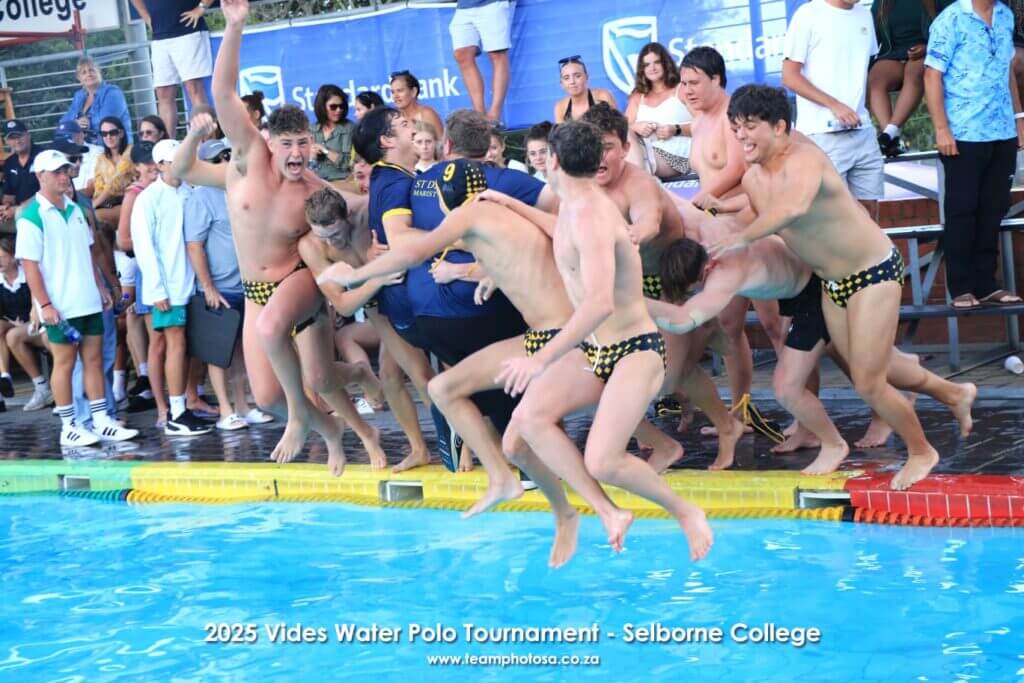 St David's players launch themselves into the pool in celebration of winning the 2025 Vides Water Polo Tournament. Photo: TeamPhotoSA