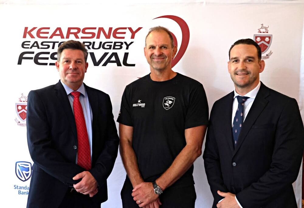 Headmaster Patrick Lees, Sharks' coach John Plumtree, and Kearsney College Director of Rugby, Keegan Daniel, at the launch of the 2025 Kearsney Easter Rugby Festival in Botha's Hill. Photo: Hannah Shirley.