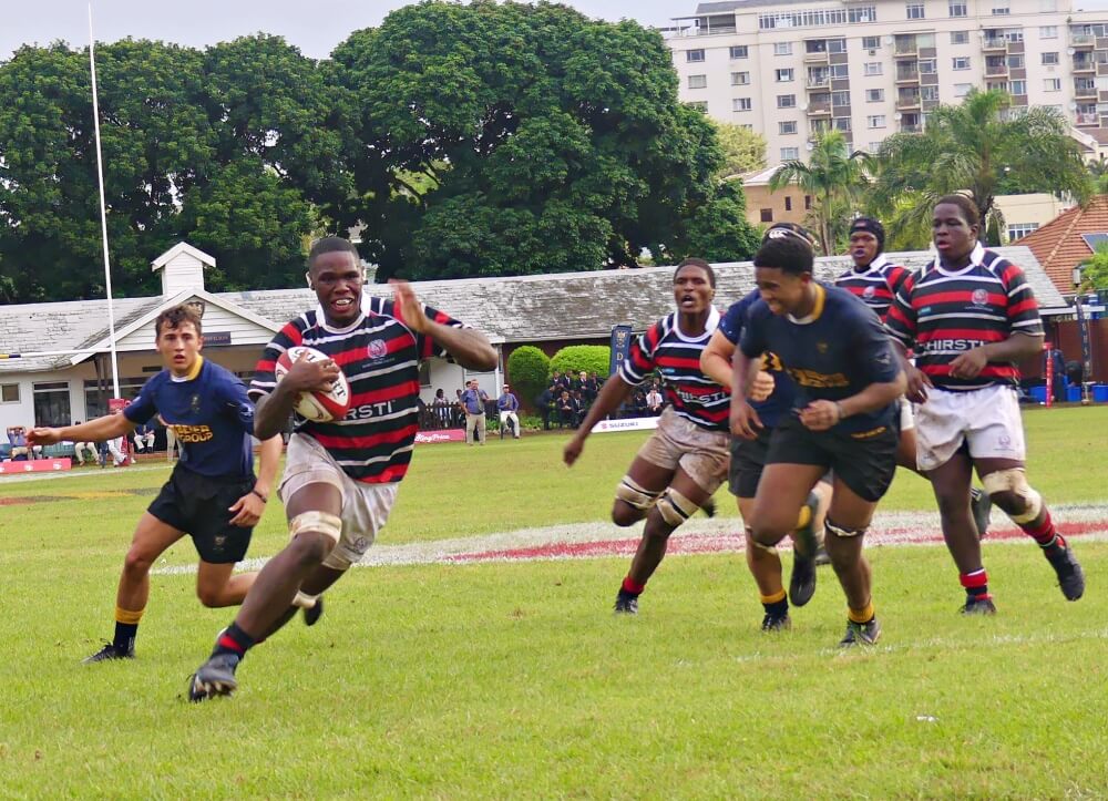 Captain and 8th-man, Wasi Vyambwera leads Maritzburg College against Glenwood, on Goldstone's, on Saturday, 12 April. Photo: Brad Morgan.