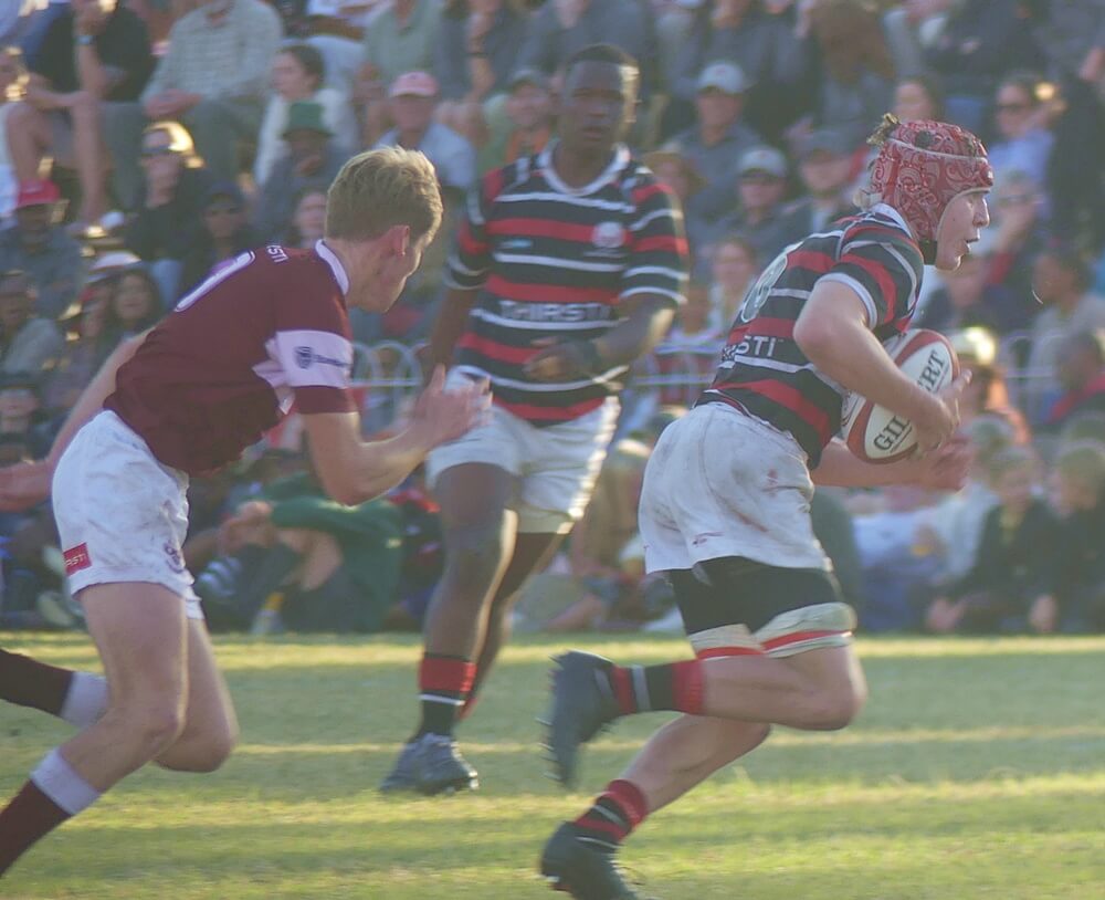 Maritzburg College flank David Colenbrander scored a special try, beating three players before dotting down in the tackle of a fourth. Photo: Brad Morgan.
