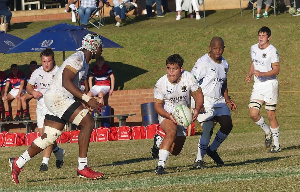 St Charles College lock Raphael Ajibade runs onto a pass in the match between St Charles Gold and Somerset College, on the opening day of the Independent Schools Rugby Festival in Pietermaritzburg, 28 June 2025. Photo: Brad Morgan.