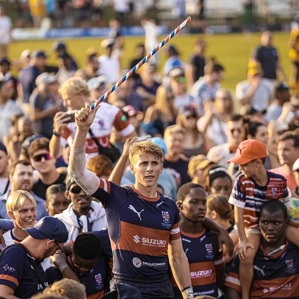Westville Boys' High captain Liam Simpkins leads his schoolmates and Old Boys in a war cry after Westville's 33-15 win over Kearsney College. Photo: Westville Boys' High on Facebook.