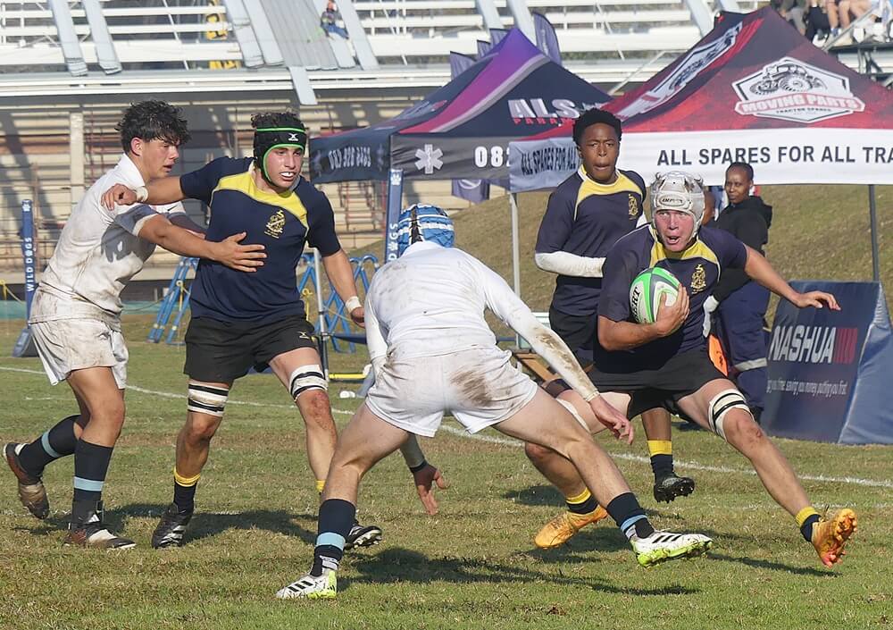 In a hard-fought contest, St Andrew's College edged out a game St David's Marist Inanda team by six points on the final day of the u18 Independent Schools Rugby Festival. Photo: Brad Morgan.